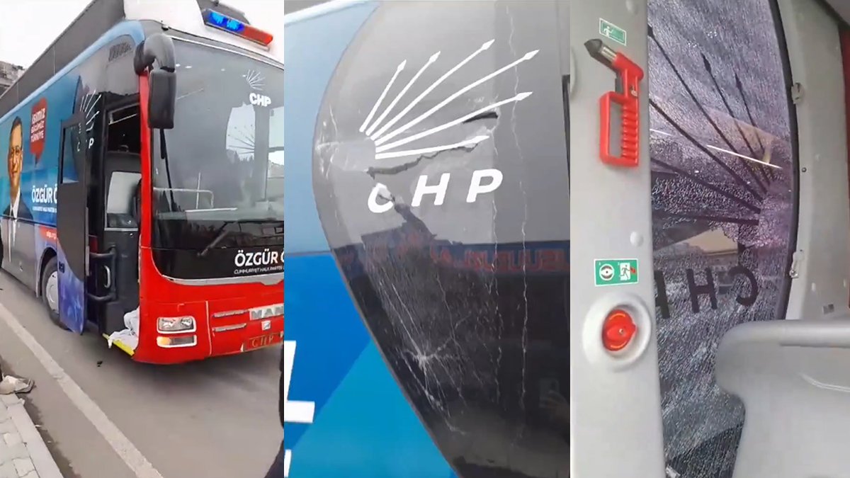 Trabzon'da CHP'nin seçim otobüsüne taşlı saldırı: Camları kırılan otobüsün son hali kamerada