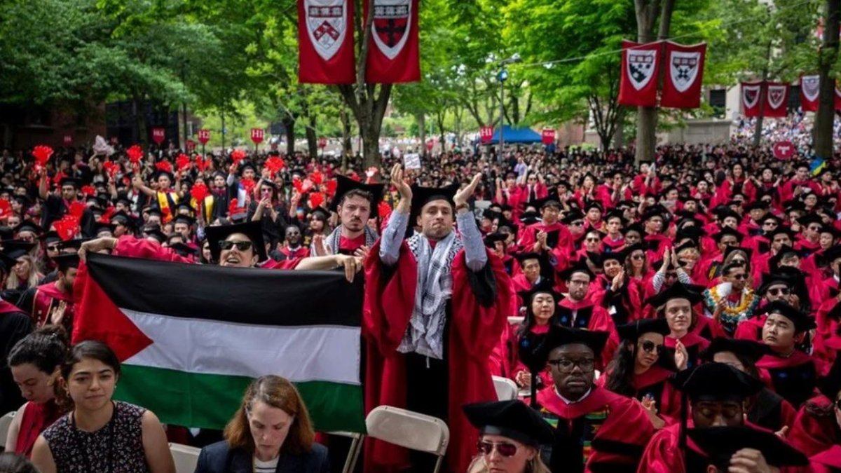 Harvard Üniversitesi mezuniyetinde Filistin protestosu