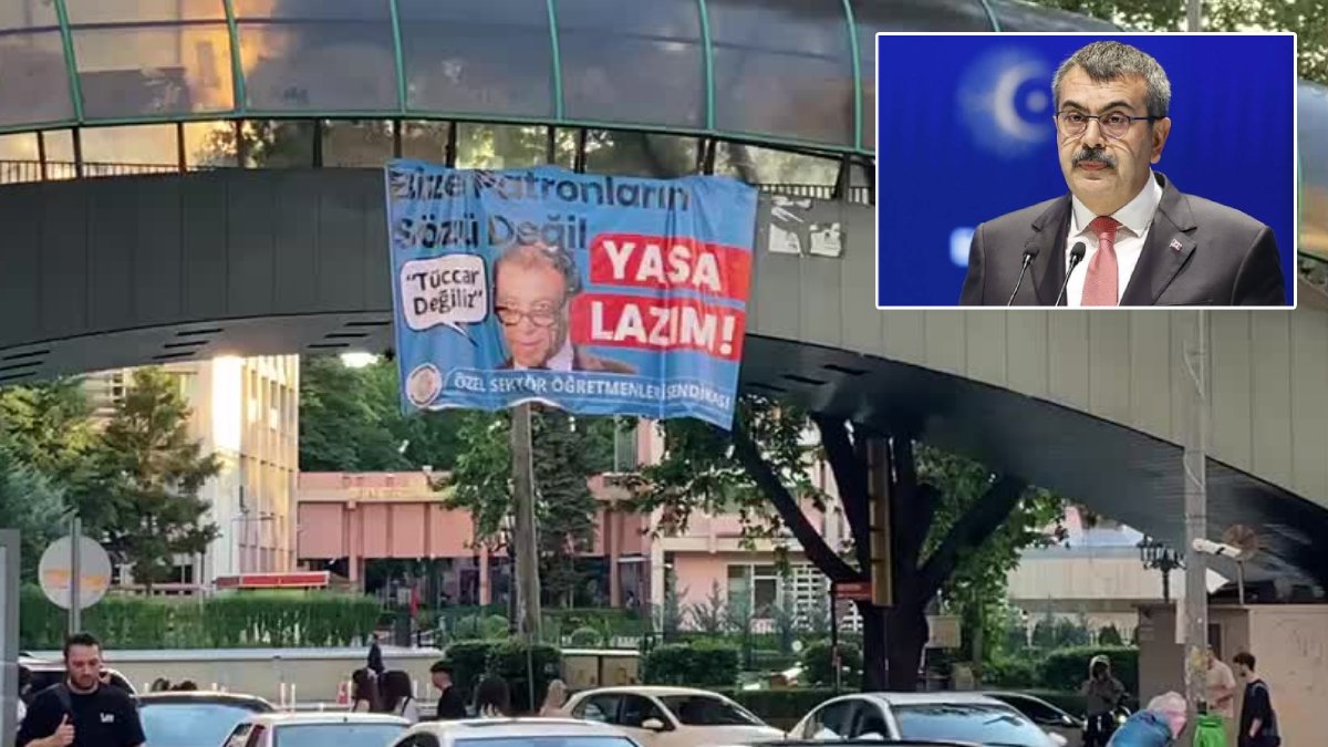 Öğretmenlerden Bakan Tekin'e 'Mahmut Hoca' pankartlı protesto: Bize patronların sözü değil yasa lazım