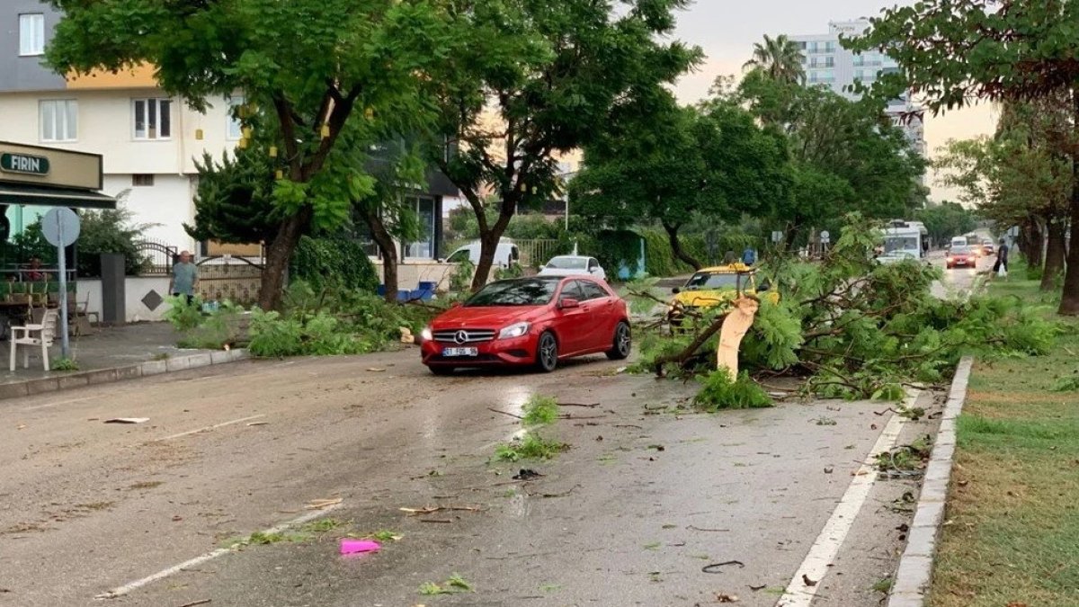 Adana'yı vuran şiddetli fırtına hayatı olumsuz etkiledi: Ağaçlar ve panolar yıkıldı, kule vinç devrildi