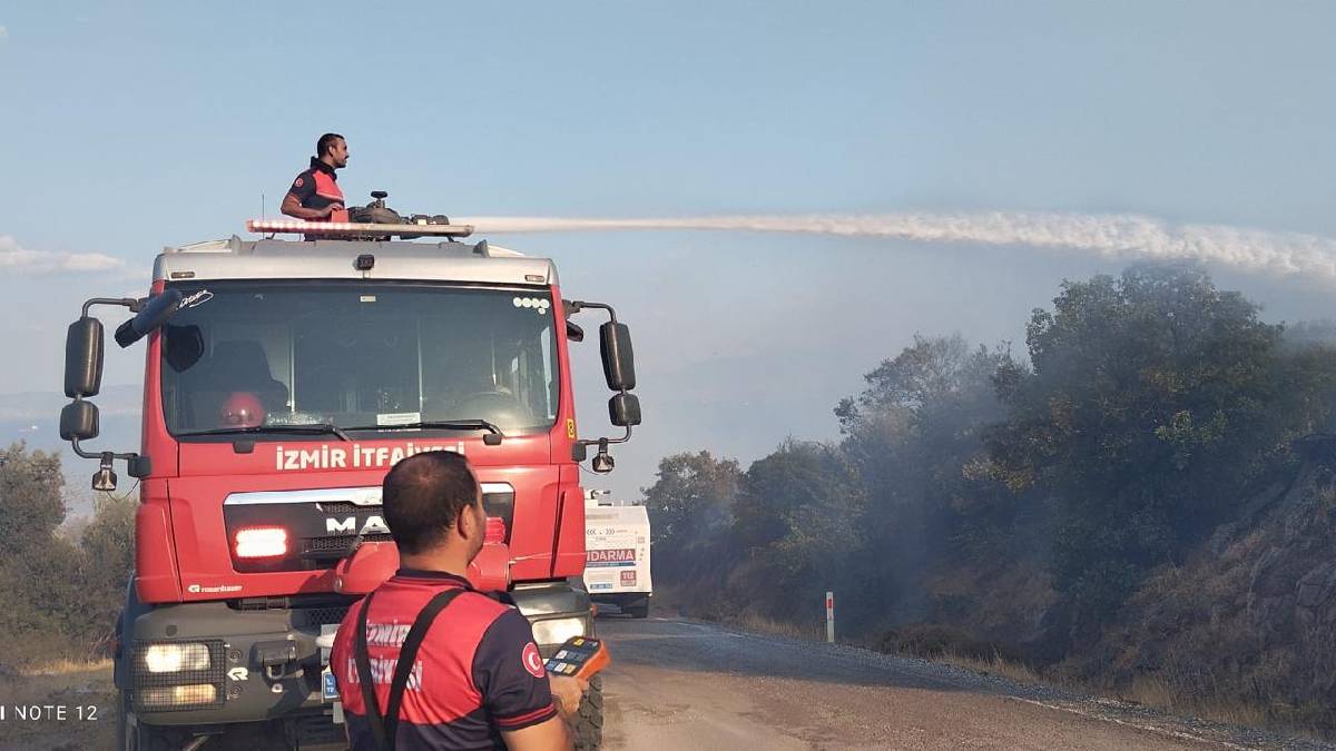 İzmir İtfaiyesi Dikili'de orman yangınına müdahale ediyor