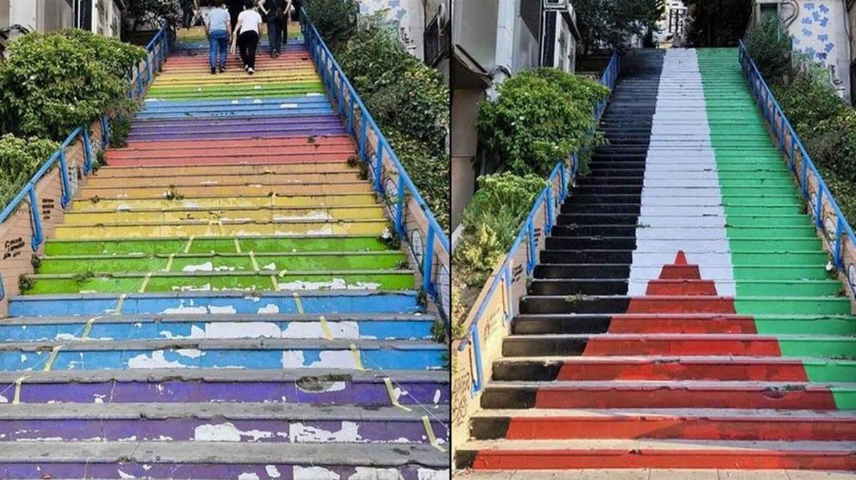 Cihangir'in rengarenk merdivenleri Filistin bayrağına boyandı: Vatandaşlardan 'basmayalım' hassasiyeti