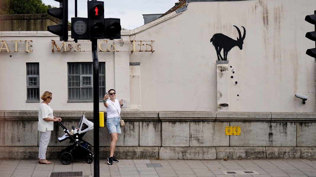Sokak sanatçısı Banksy'den Londra'da yeni eser: Kameranın odağında gizemli bir dağ keçisi