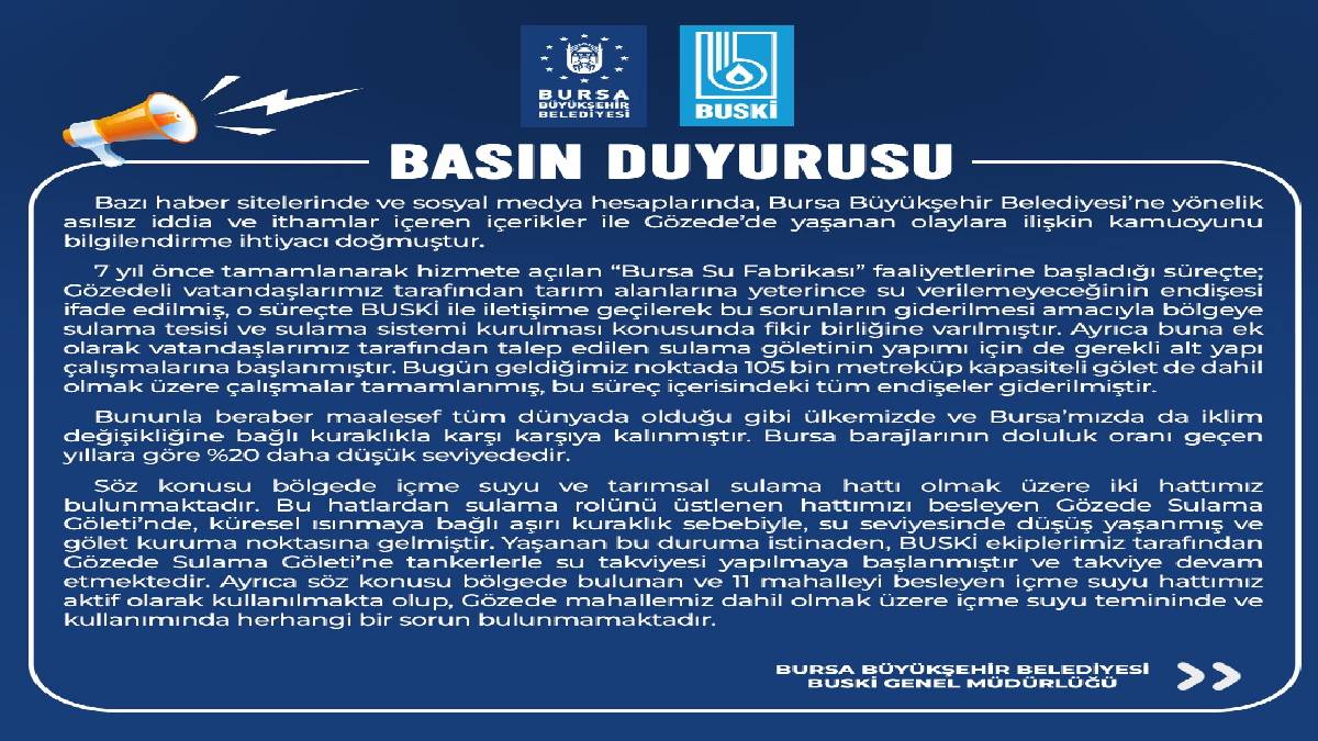 Bursa Büyükşehir Belediyesinden kamuoyu açıklaması