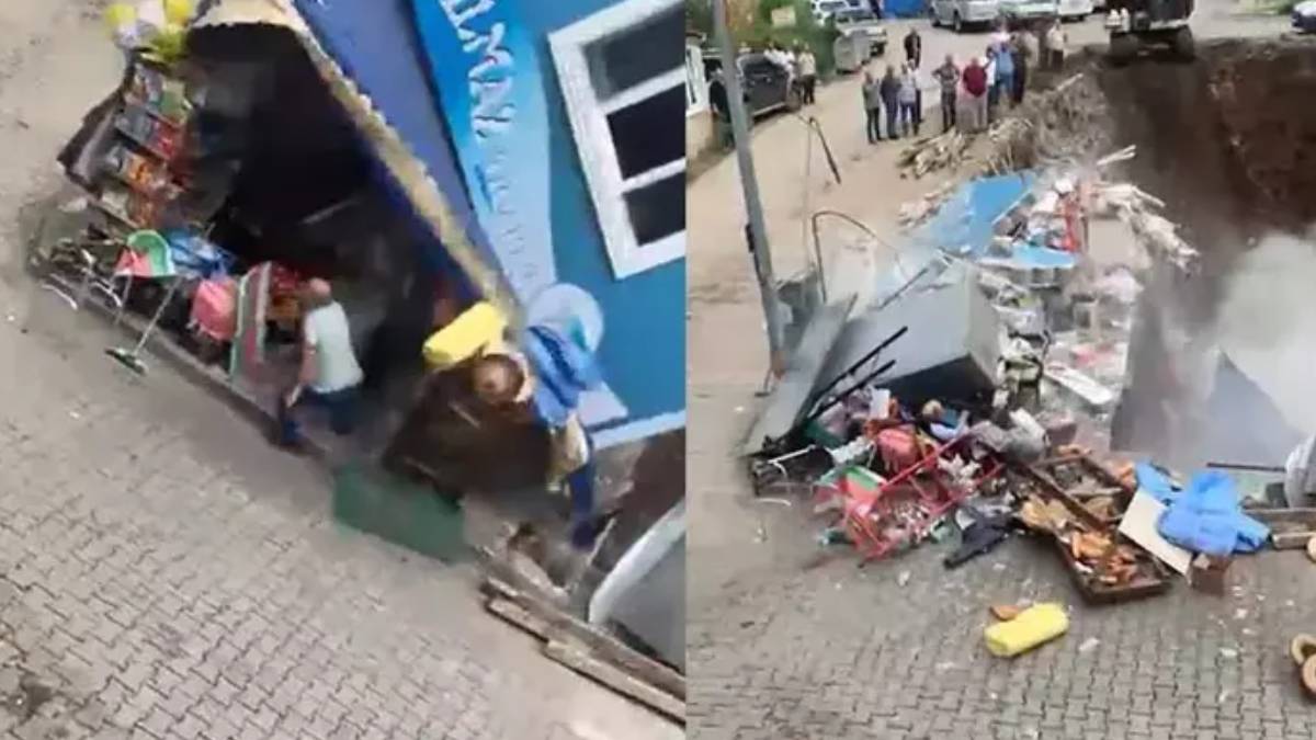 Temel kazısı yapılırken market yıkıldı! O anlar kamerada