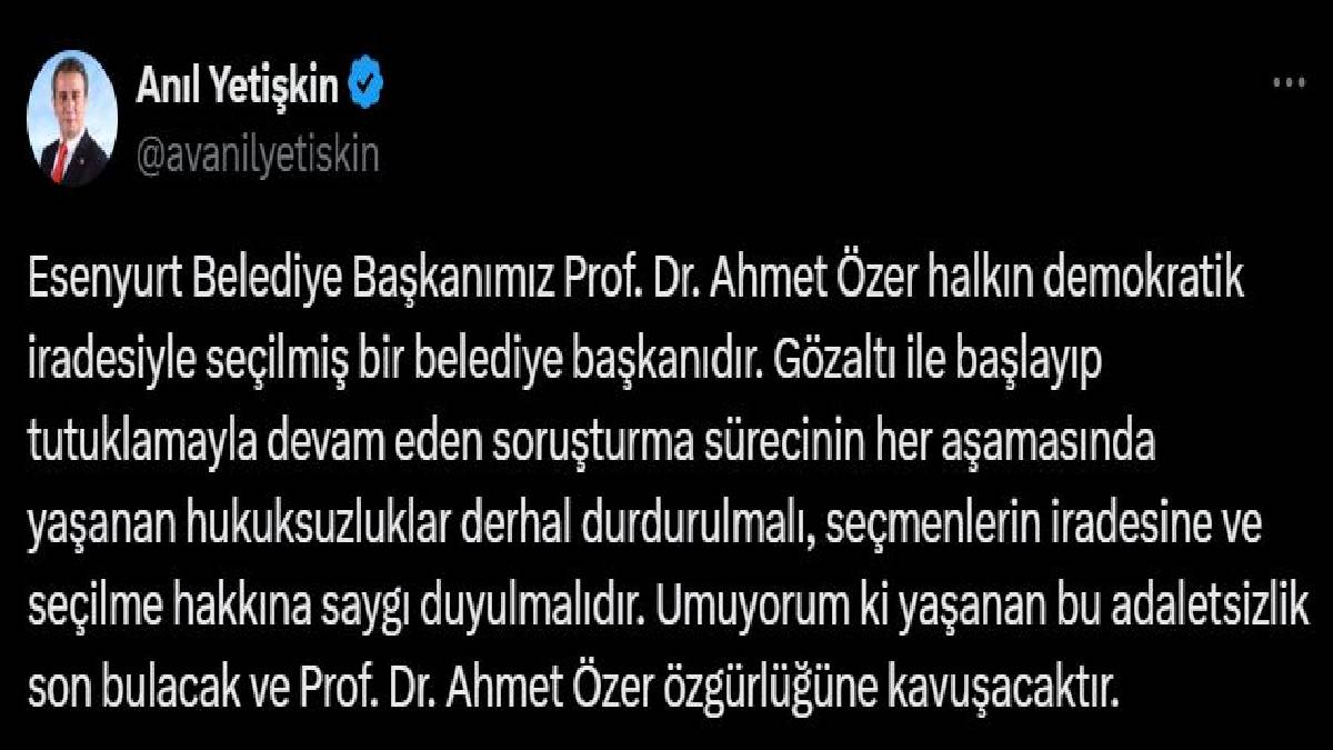 Başkan Yetişkin’den Esenyurt Belediye Başkanı Özer'e destek mesajı