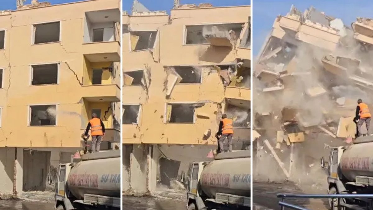 Malatya'da ağır hasarlı bina yıkıldı: Tazyikli su sıkılan bina saniyeler içinde yerle bir oldu