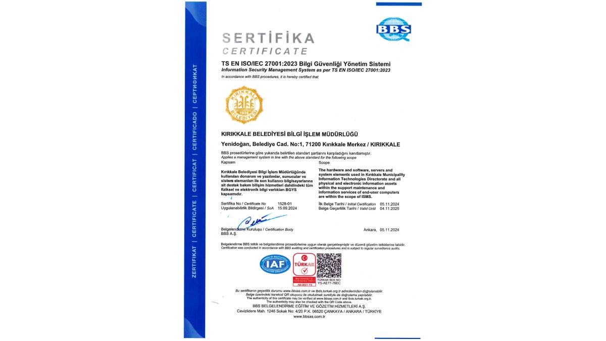 Kırıkkale Belediyesi ISO/IEC 27001:2023 sertifikası aldı