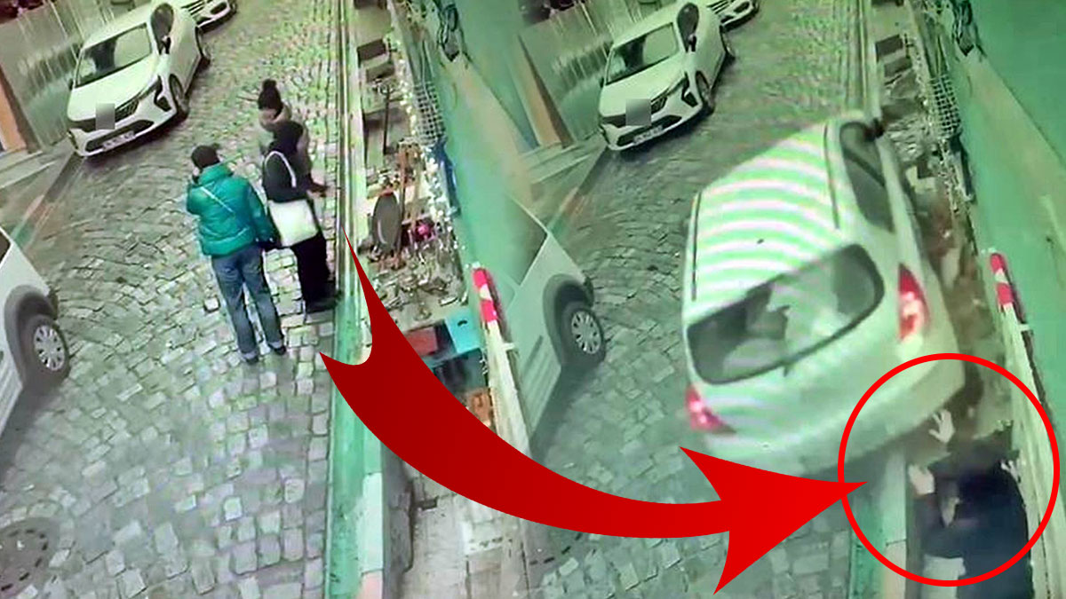 Balat'ta korkunç kaza kamerada! Islak yokuştan çıkamayınca geri geri kayıp bir kişiyi ezdi
