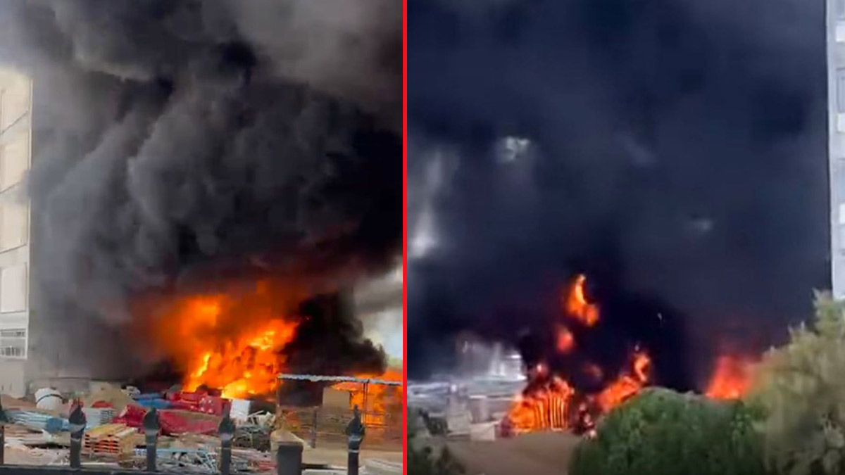 Bahçedeki malzemeler alev aldı: İzmir’de inşaat halindeki okulun bahçesinde yangın