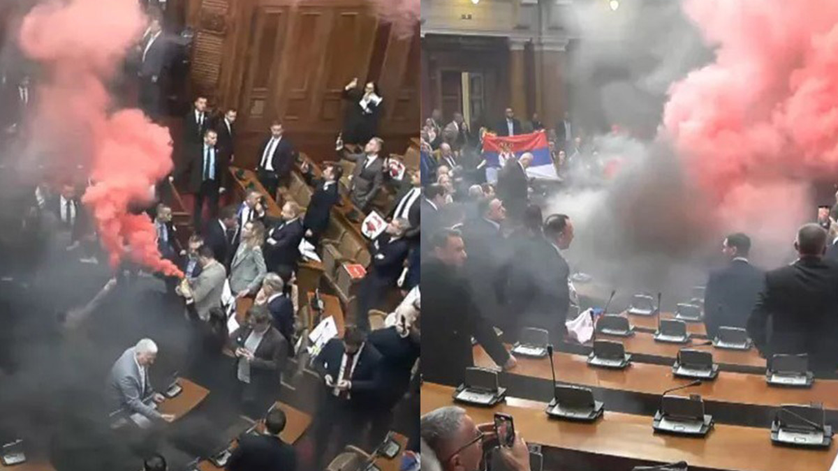 Sırbistan'da parlamentoda sis bombalı kavga