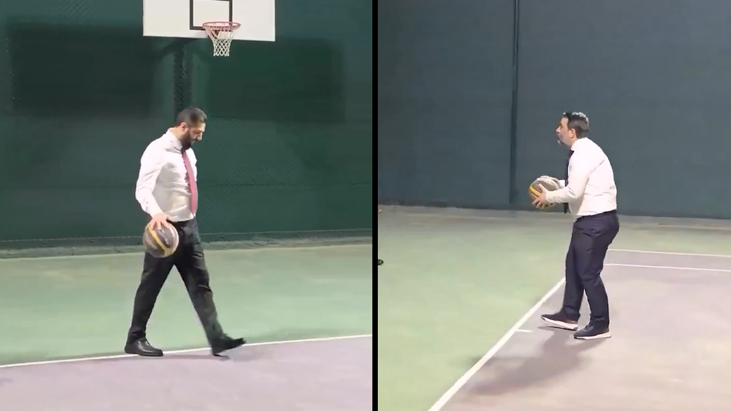 Suriye liderinden takım elbiseyle basket şov: Şara basket sahasında