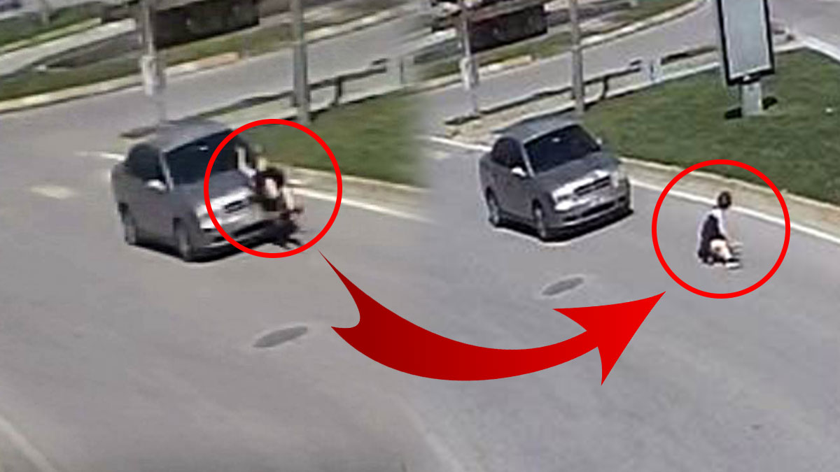 Yaya geçidinden geçen genç kadına havada takla attırdı! Saç baş yolduran görüntüler