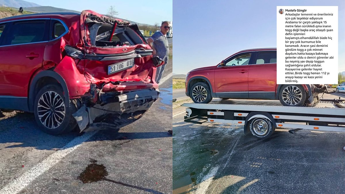 Togg'a TIR çarptı, 15 metre sürükledi! Sahibi anlattı: Başka araç olsa defin işlemleri başlamıştı, Togg hayatımızı kurtardı