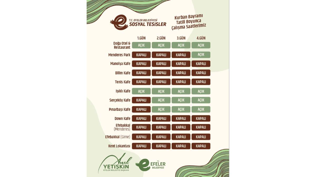 Efeler Belediyesi duyurdu: Sosyal tesisler bayramda planlı şekilde hizmet verecek
