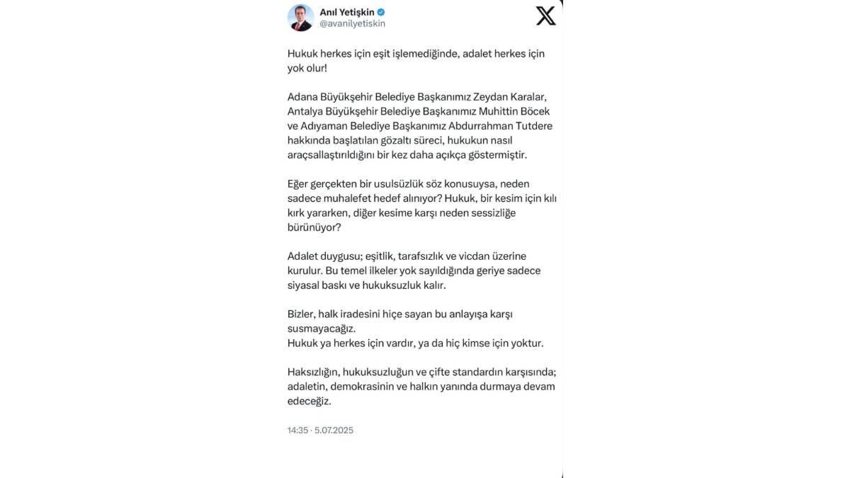 Başkan Yetişkin’den hukuksuz uygulamalara sert tepki