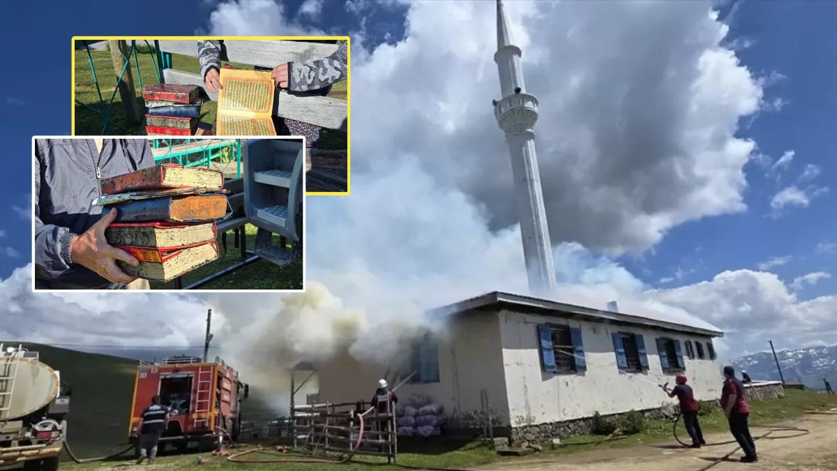 Koca cami alev aldı, ciddi hasar oluştu! Ama Kuran-ı Kerimlere hiçbir zarar gelmedi