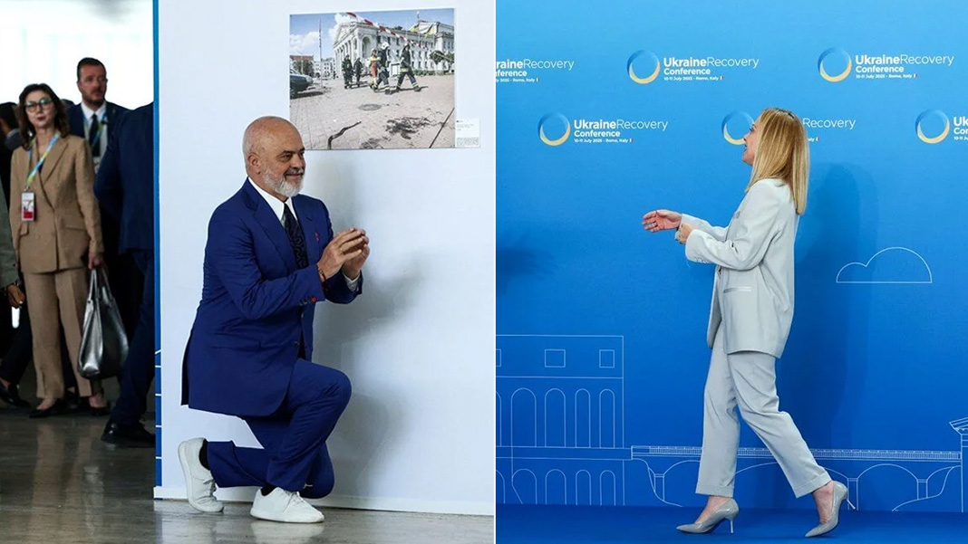 Roma'daki Ukrayna Konferansı'nda dikkat çeken selamlaşma: Rama, Meloni'nin karşısında bir kez daha diz çöktü