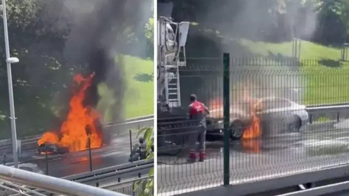 Üsküdar’da seyir halindeki lüks otomobil alev alev yandı: Sürücü son anda kurtuldu