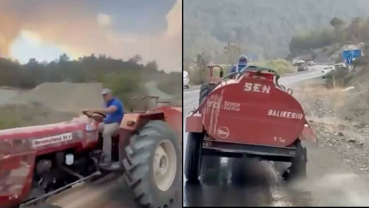 Bursa'daki yangını patlak lastikle söndürmeye gitti