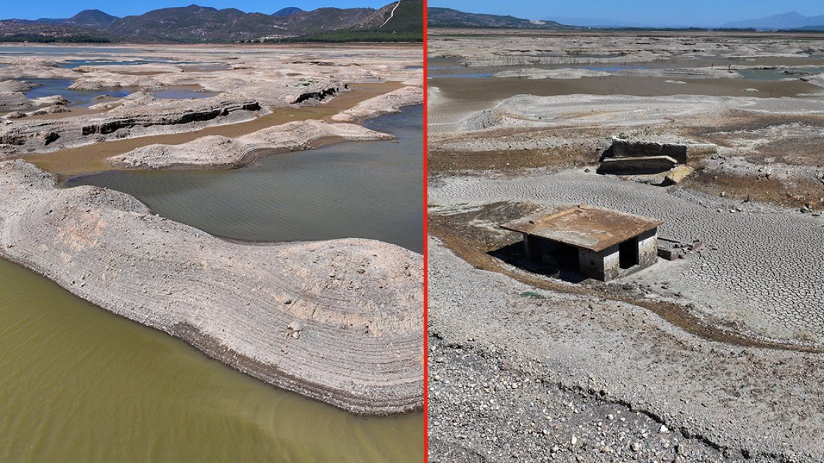 Tahtalı Barajı'nda kuraklıktan zemin çatladı: Adacıklar oluştu, eski yapılar ortaya çıktı