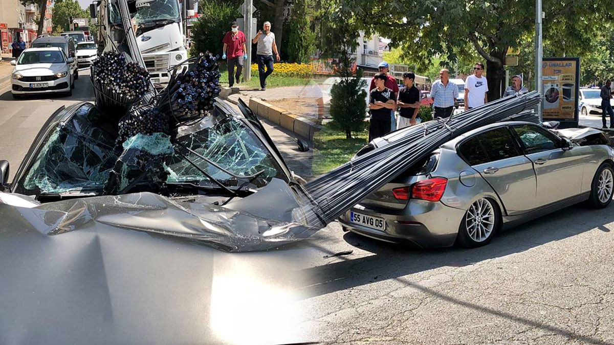 Bu ne sorumsuzluk! Tırdan düşen tonlarca demir, otomobili hurdaya çevirdi