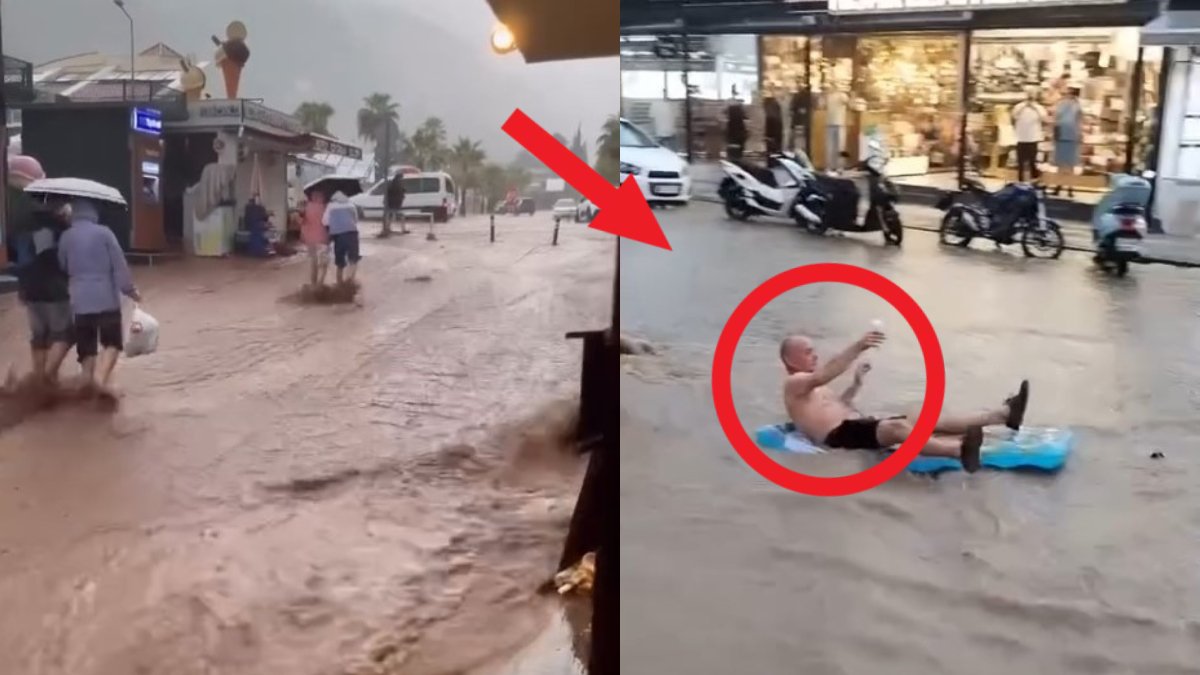 Fethiye'de sağanak sonrası turistlere eğlence çıktı! Yollar göle döndü, turistler tadını çıkardı