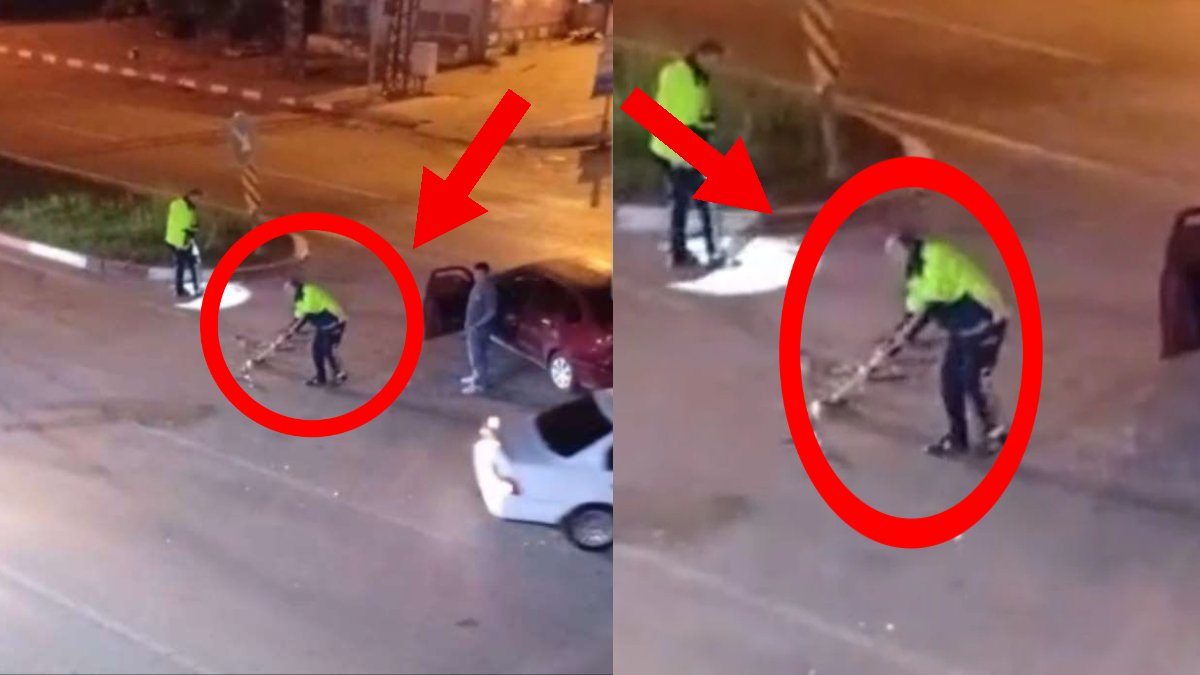 Trafik kazası sonrası polisin hareketi takdir topladı! Eline süpürgeyi aldı, kaza mahallini temizledi