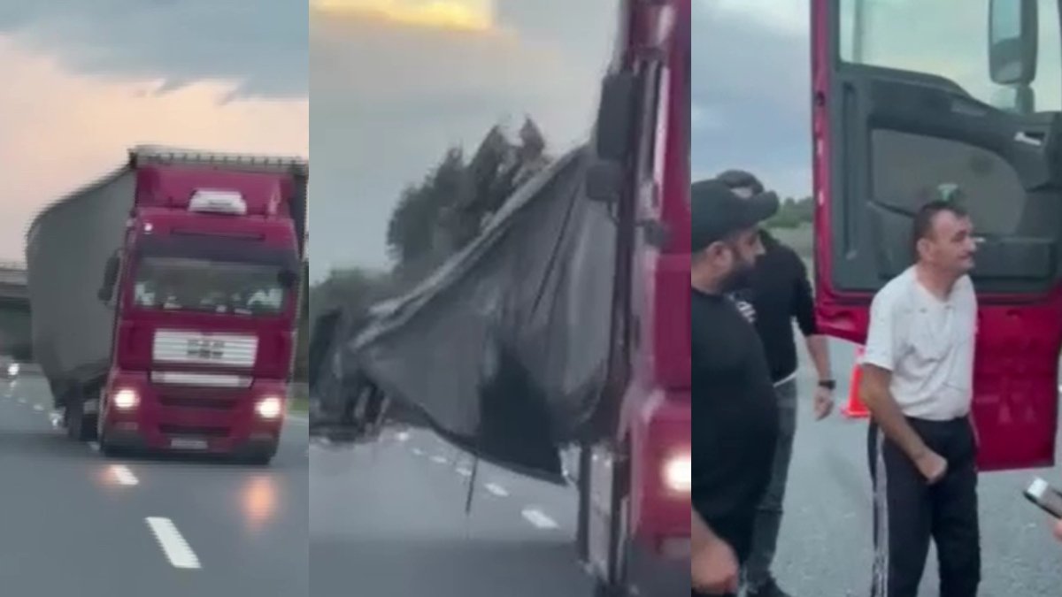 Kuzey Marmara Otoyolu'nda tehlikeli anlar! Zikzak çizen TIR yüklerini yola saçtı: O anlar kamerada