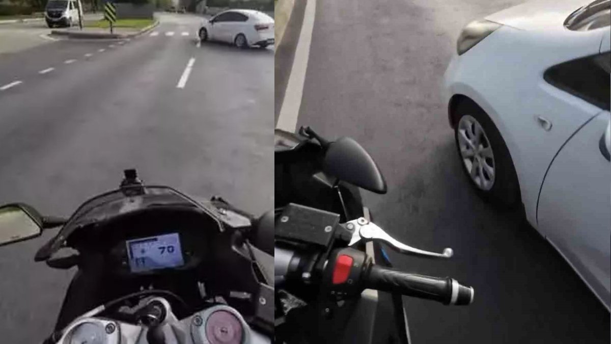 Otomobil motosikleti aldırmadı, motorcu pişman etti! Trafikte kendini görmezden gelen otomobilin aynasını kırdı: İşte o anlar