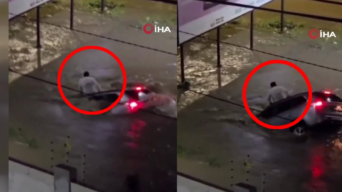 Sel sularında ölüm kalım mücadelesi! Sel sularına kapılan sürücü araçla birlikte sürüklendi