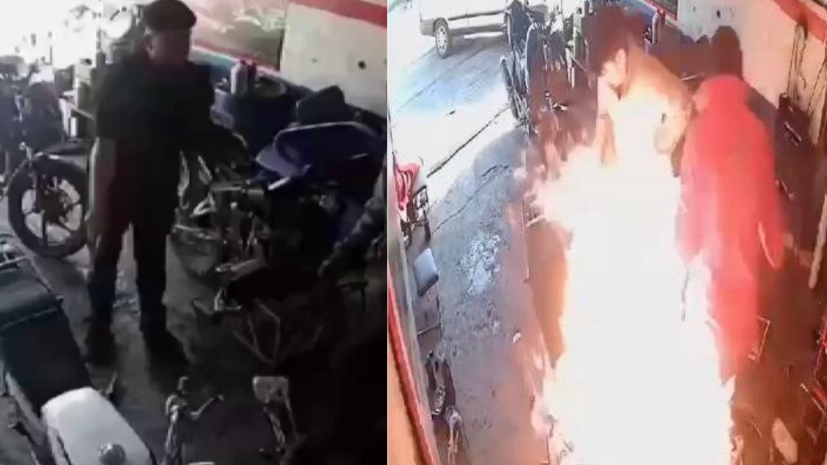 Beyin yakan hata kamerada: Motosiklet yangınını yanıcı maddeyle söndürmeye çalıştılar!
