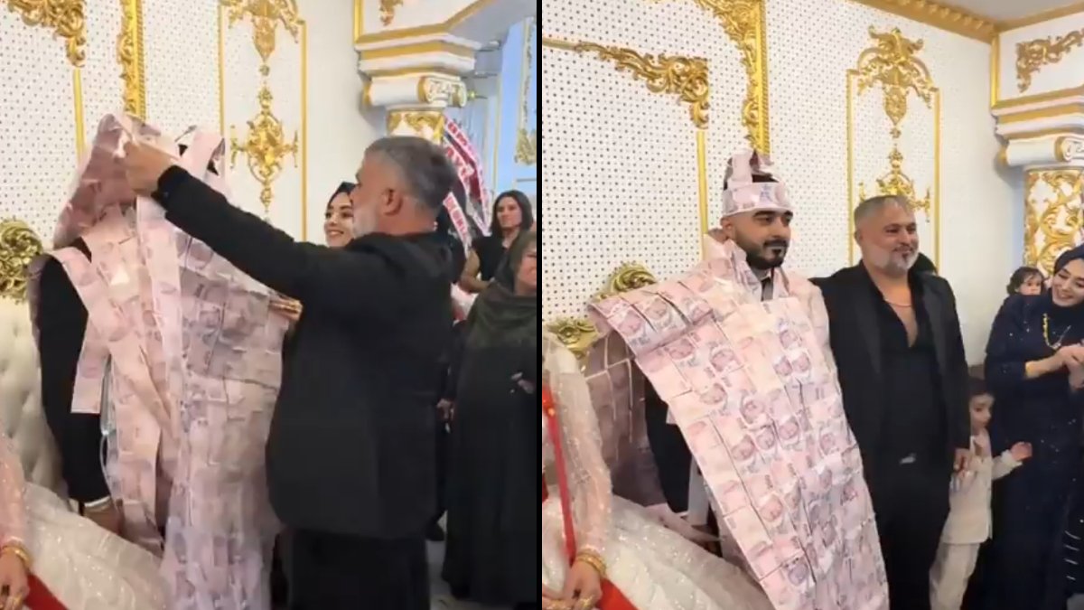 Mardin'deki aşiret düğününde takı töreni şovu! Damada paradan zırh giydirdiler