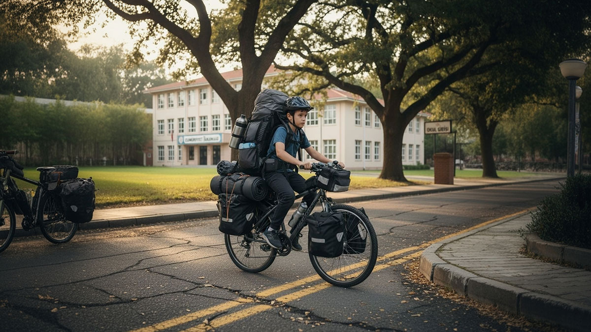 Okula bisikletle giden çocuğa sırt çantası kadar ekipman mı yükleyelim!