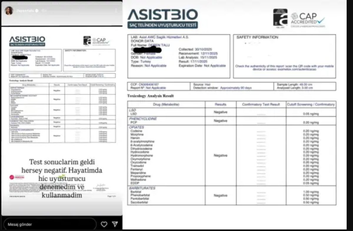 Testi pozitif çıkmıştı, yeniden yaptırdı! Deren Talu uyuşturucu testi sonuçlarını paylaştı