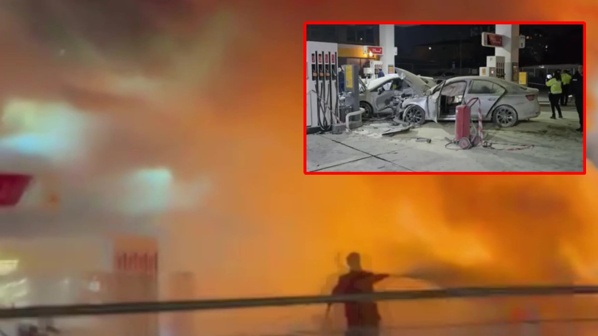 İstanbul'da korku dolu anlar! Otomobil benzin istasyonuna daldı, araç alev aldı