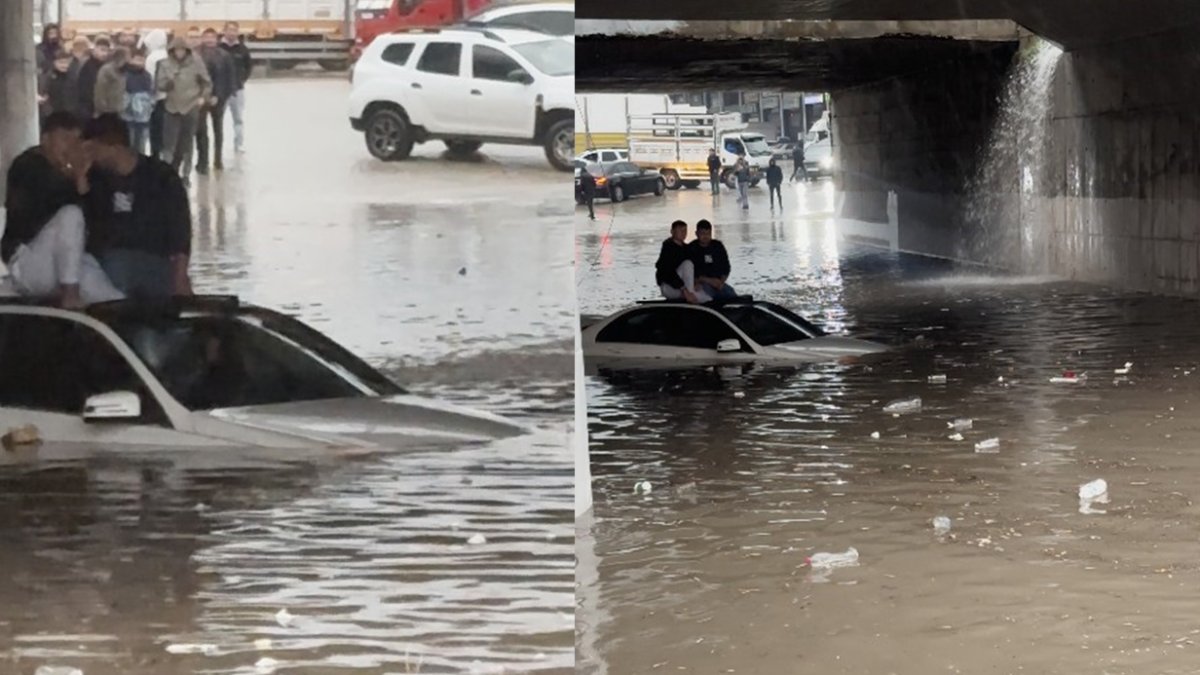 Yağış sonrası milyonluk Mercedes sulara gömüldü! Aracın tepesinde mahsur kaldılar