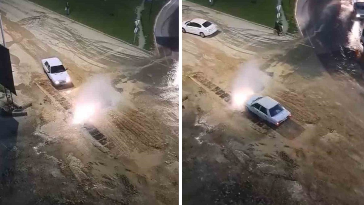 Patlayan ana su borusunda arabasını yıkadı! Krizi fırsata çevirdi: O anlar kamerada