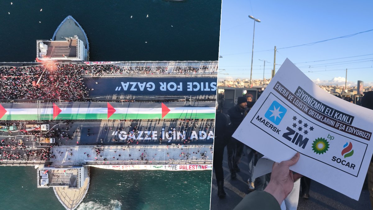 Galata'daki Gazze yürüyüşünde 'SOCAR, BP, MAERSK, ZIM' protestosuna engel: ‘Coca Cola yazsaydı geçerdi’ tepkisi
