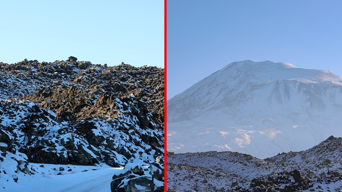 Ağrı Dağı’nın etekleri beyaza büründü! Lavlardan oluşan kayalıklar hayran bırakan manzaraya yol açtı
