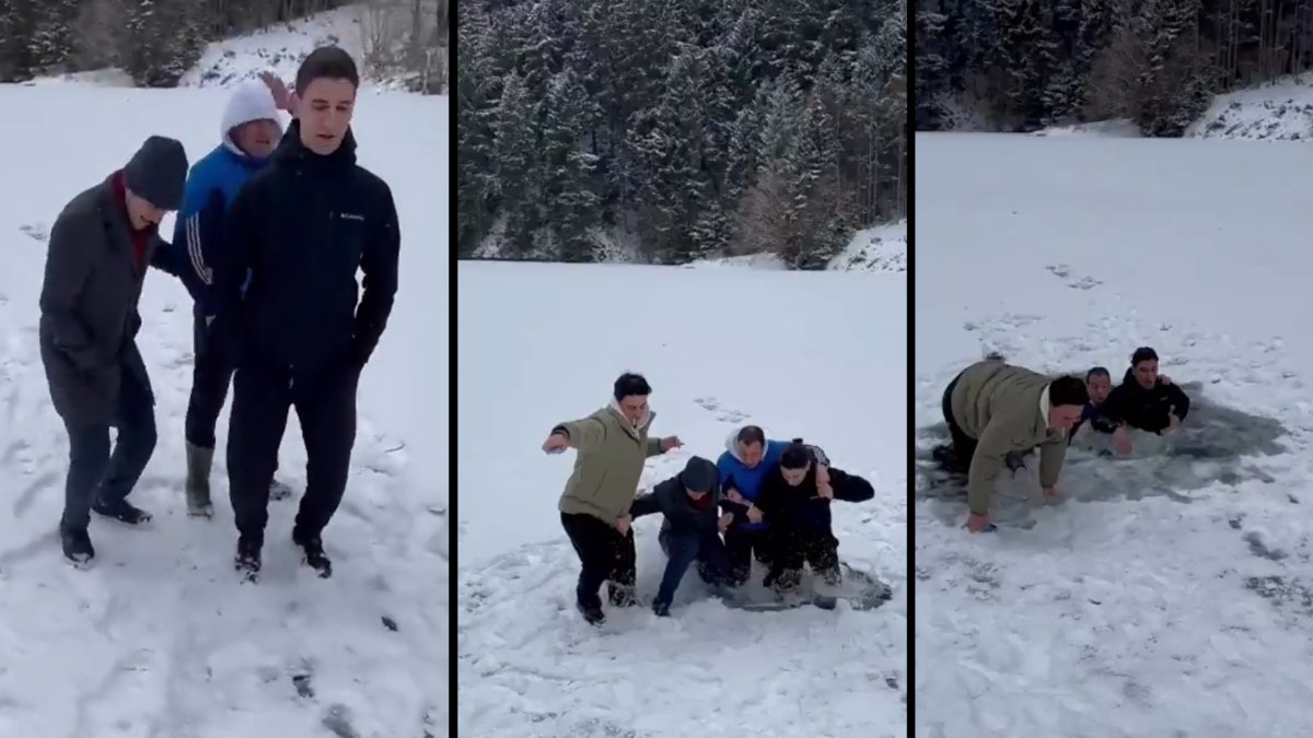 Donan Gölde eğlence yarım kaldı! Buz kırıldı, 4 genç bir anda sulara gömüldü