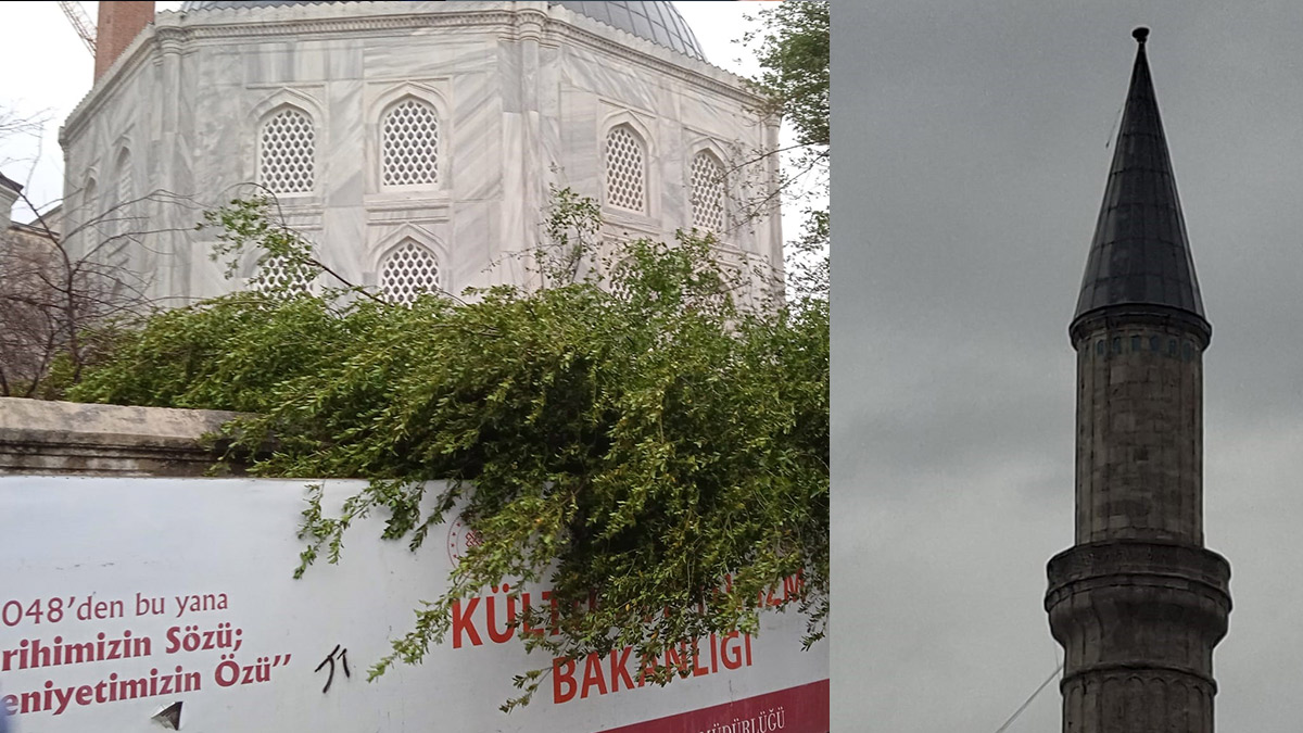 Ayasofya’da şiddetli rüzgar: Mimar Sinan Minaresi’nin alemi düştü