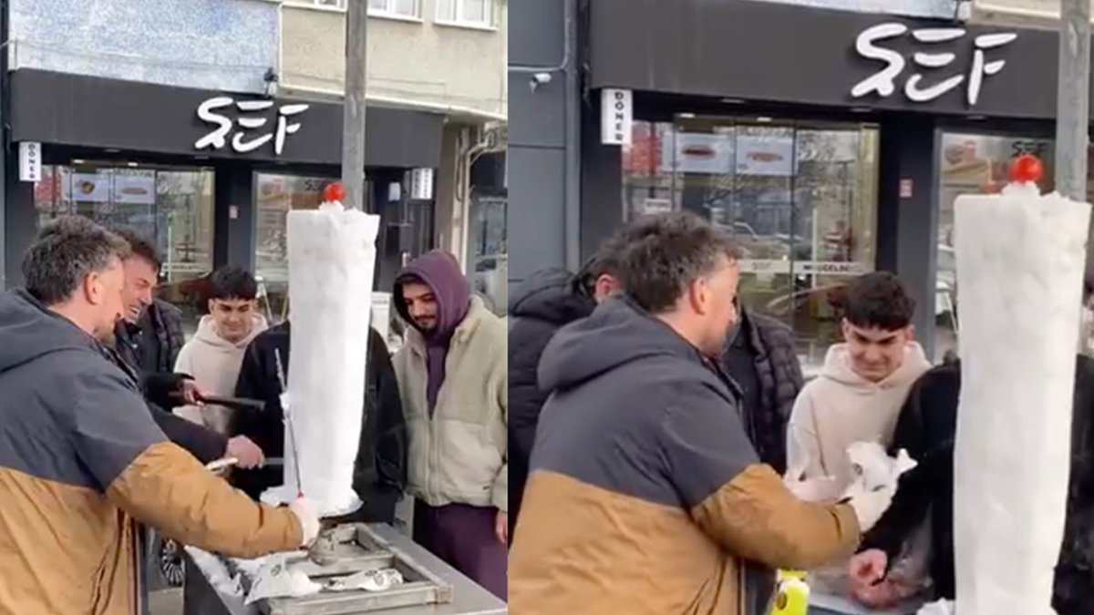 Bu döner sıcacık değil, buz gibi! Döner şişine et yerine kar taktı, vatandaşlar akın etti!