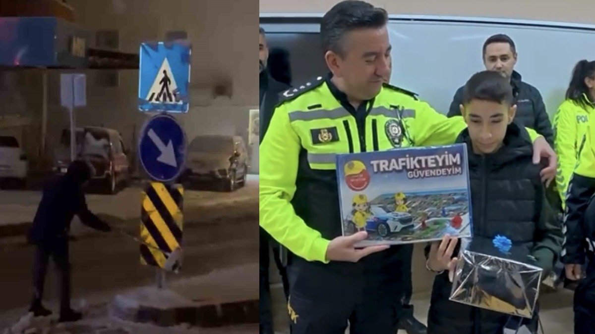 O hareketi kayıtsız kalmadı! Trafik kazalarını önlemek için tabelaları temizleyen öğrenciye emniyetten ödül!