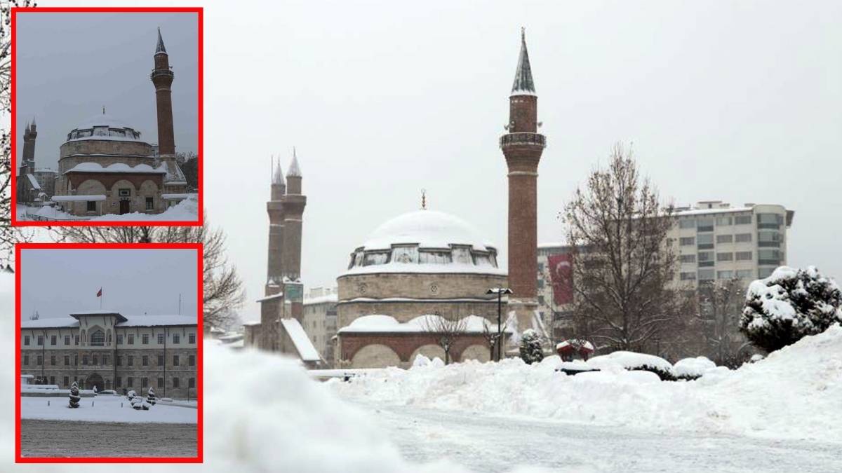 Sivas hasretlik çektiği kışa kavuştu! Dünyanın sayılı meydanlarından olan Tarihi Kent Meydanı karla kaplandı