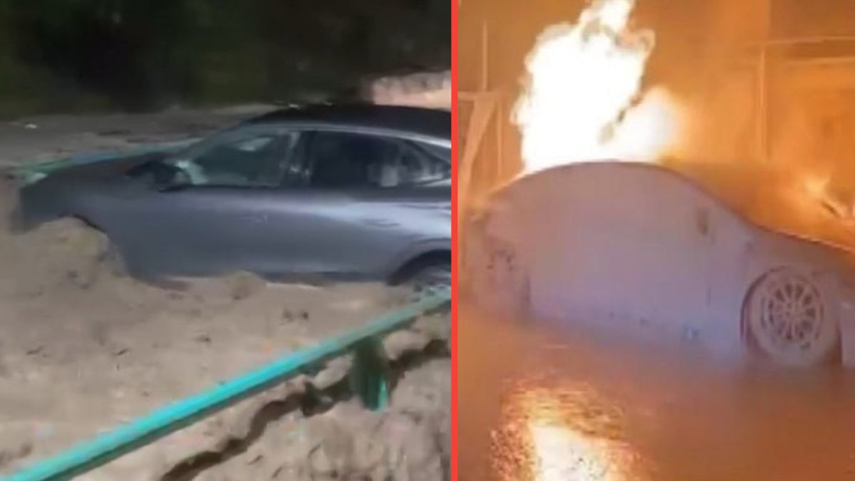 Sağanak şehri birbirine kattı! Sel suları otomobili dereye uçurdu, elektrikli araç şarjda yandı!