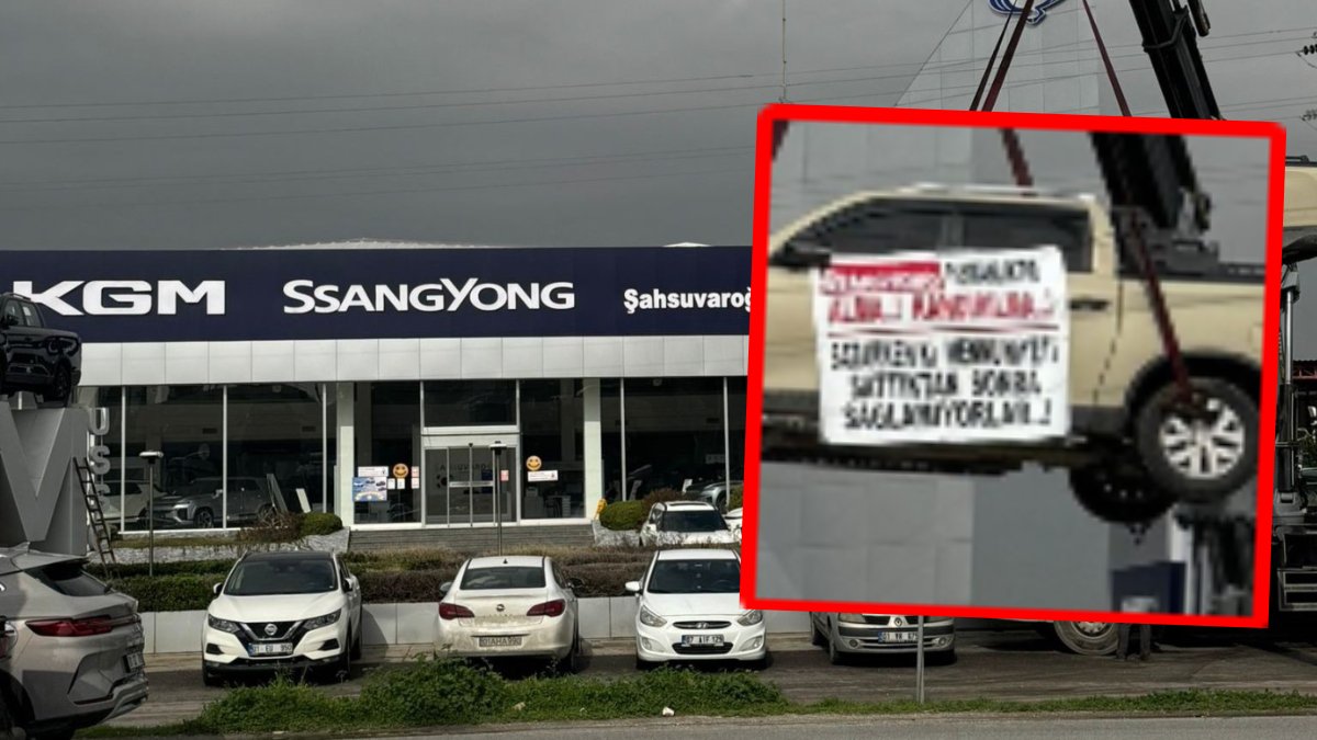 Adana’da "vinçli" protesto: Arızalı kamyoneti firmanın önünde havaya astı!