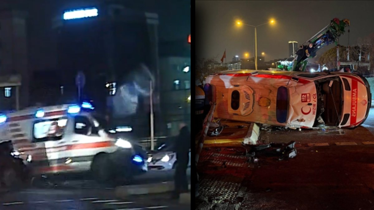 İstanbul'da feci kaza: Hasta taşıyan ambulans otomobille çarpışıp takla attı!