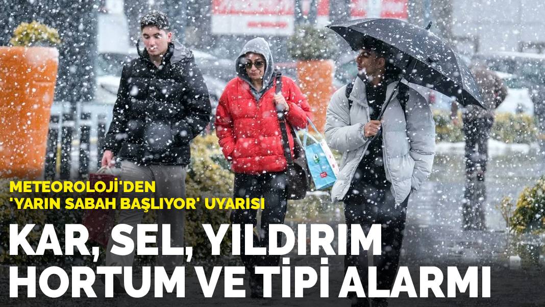Meteoroloji'den 'yarın sabah başlıyor' uyarısı: Kar, sel, yıldırım, hortum ve tipi alarmı