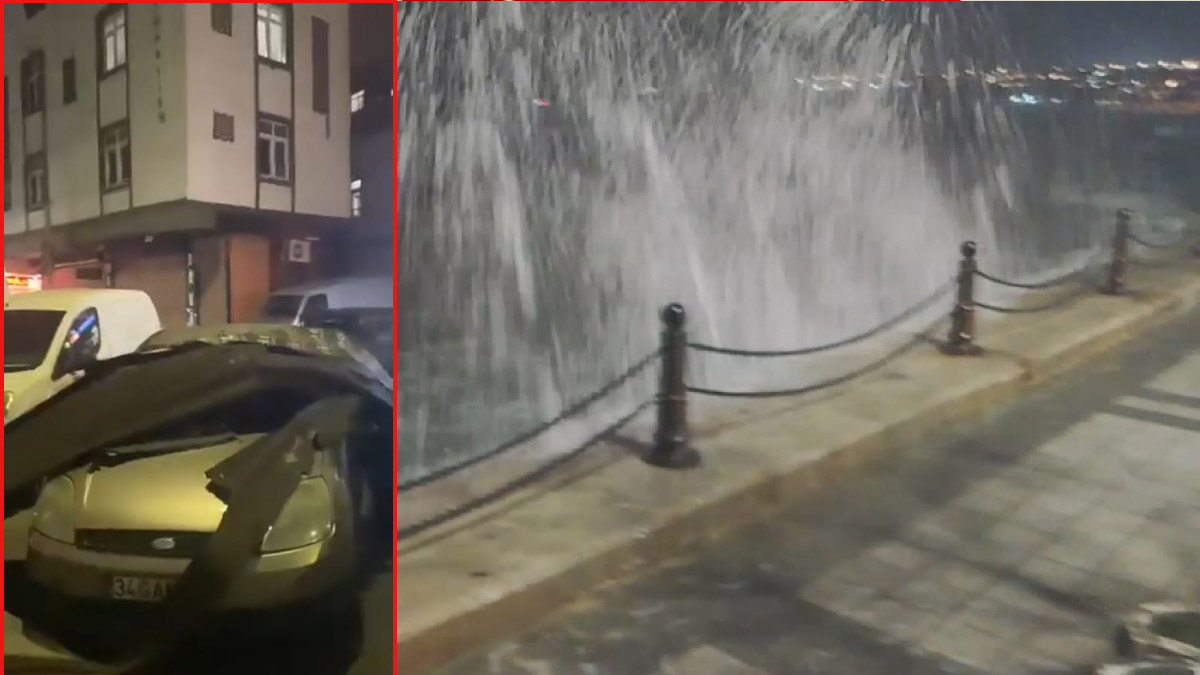 İstanbul'da fırtına etkisini göstermeye başladı: Binaların çatısı uçtu, denizde dev dalgalar oluştu